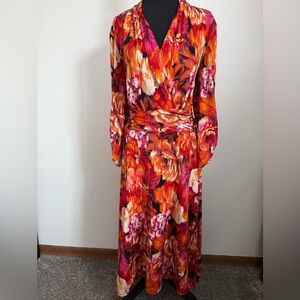 This is a Perceptions New York orange floral V-neck long sleeve dress.